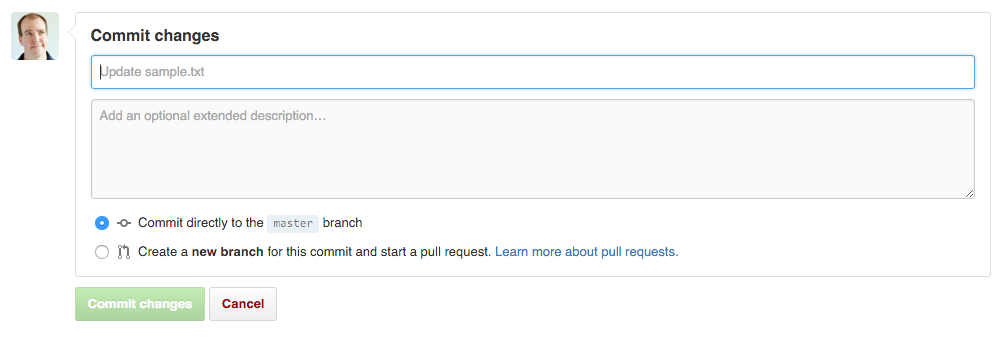 A screenshot of the commit changes form on GitHub